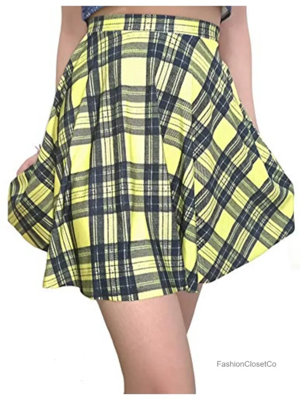 Women's Pleated Flared Midi Skirt High Rise Plaid Pull On Lightweight